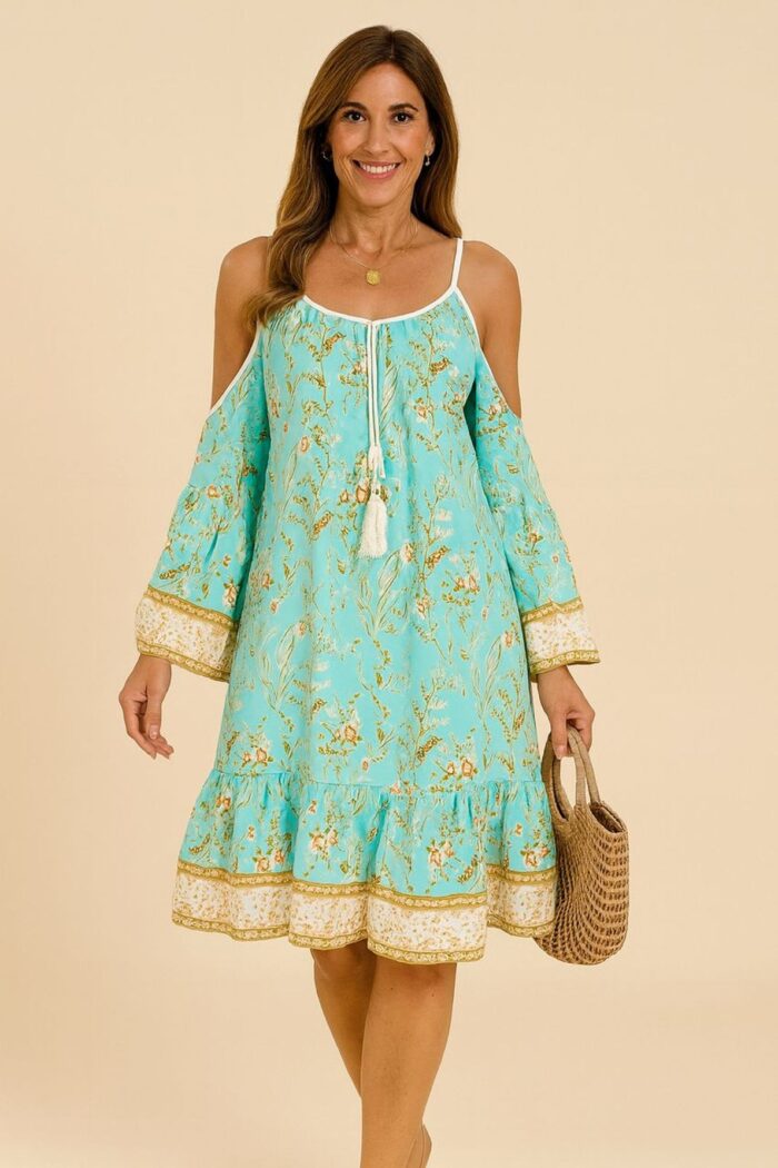 Vestido de verano verde de hombros descubiertos - Imagen 1