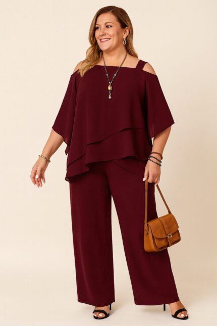 Conjunto Top y Pantalones unicolor y Cuello Asimétrico Burdeos