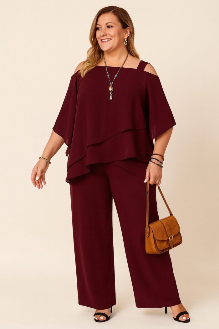 Conjunto Top y Pantalones unicolor y Cuello Asimétrico Burdeos - Imagen 1