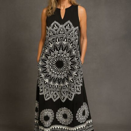 Maxi vestido negro con estampado de mandala