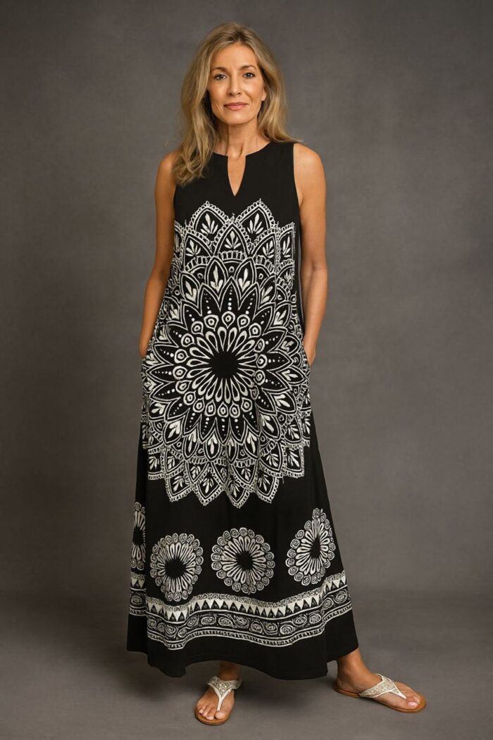 Maxi vestido negro con estampado de mandala - Imagen 1