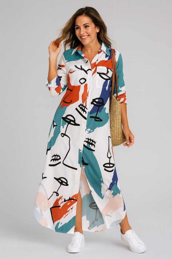 Vestido largo manga largo blanco con estampado multicolor - Imagen 1