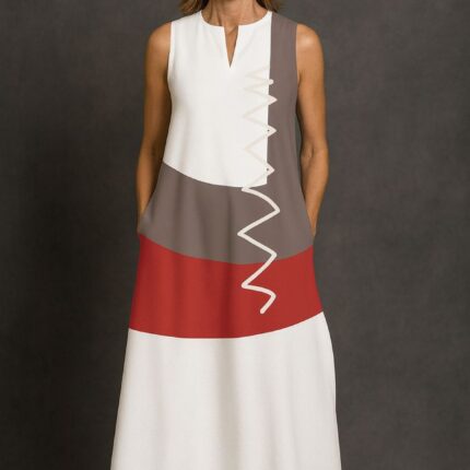 Maxi vestido con blanco con estampado geometrico rojo y marrón