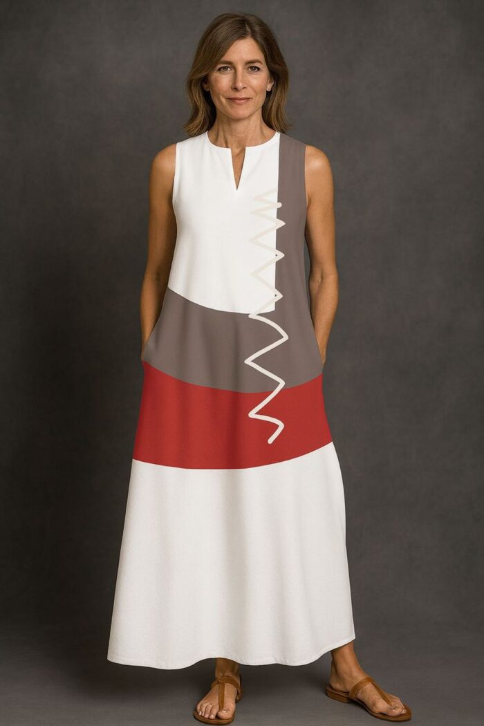 Maxi vestido con blanco con estampado geometrico rojo y marrón - Imagen 1