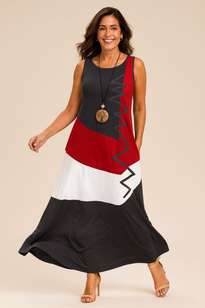 Vestido largo sin mangas gris con estampado blanco y rojo - Imagen 1