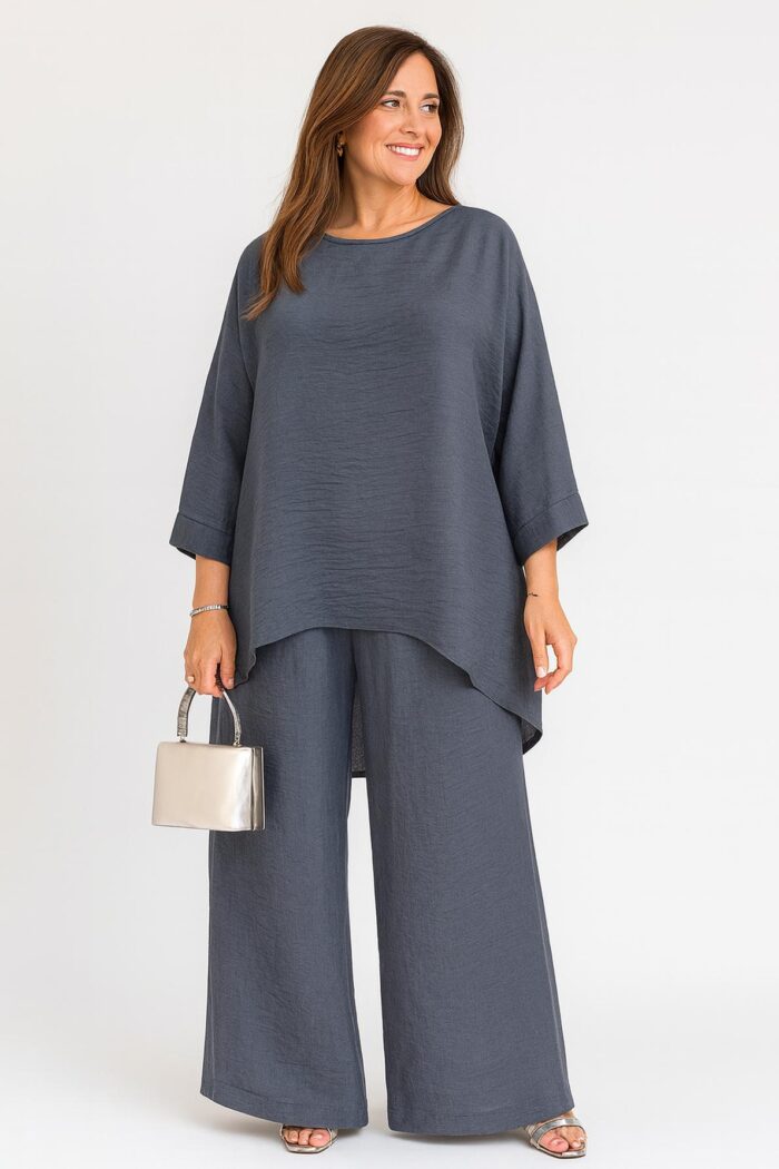 Traje dos piezas camiseta cuello redondo de manga larga y pantalones largos, Gris - Imagen 1