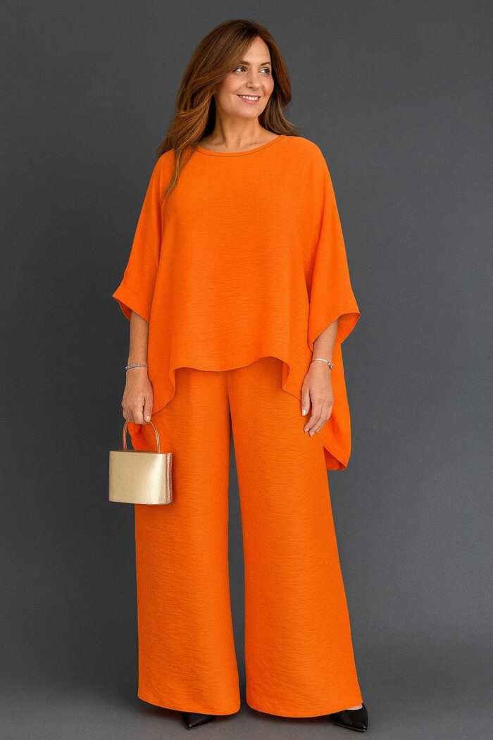 Traje dos piezas camiseta de cuello redondo de manga larga y pantalones largos, Naranja - Imagen 1