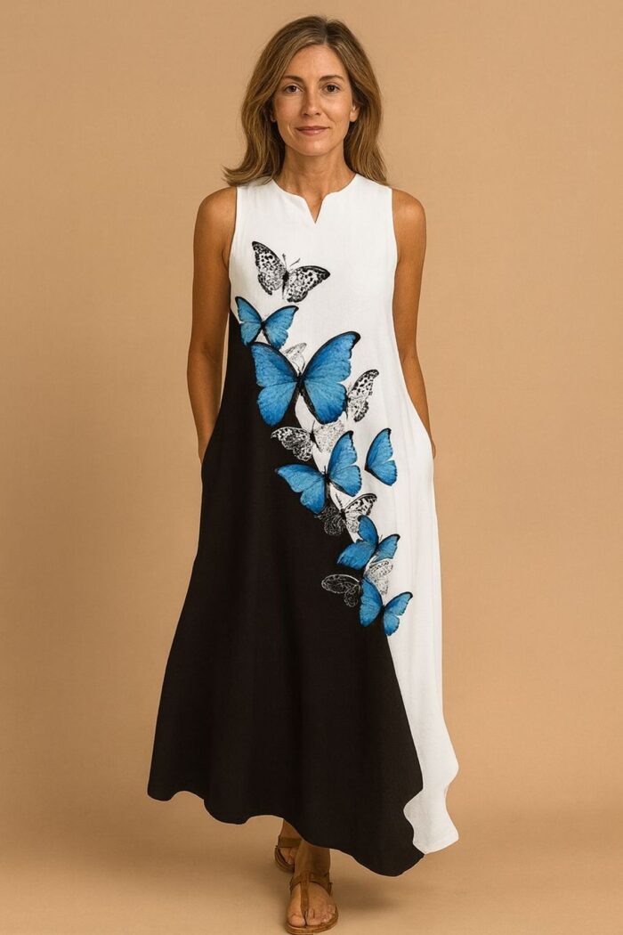 Maxi vestido con estampado de mariposas azules - Imagen 1