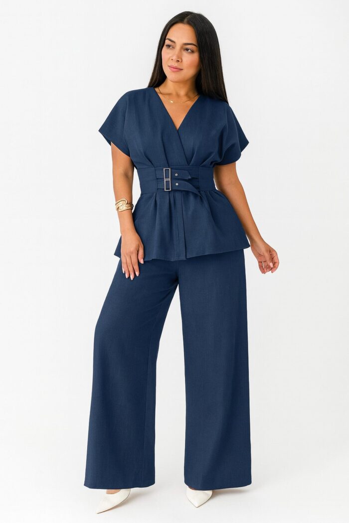 conjunto 2 piezas cuello en V y botones, y pantalones anchos de cintura alta Azul Marino - Imagen 1