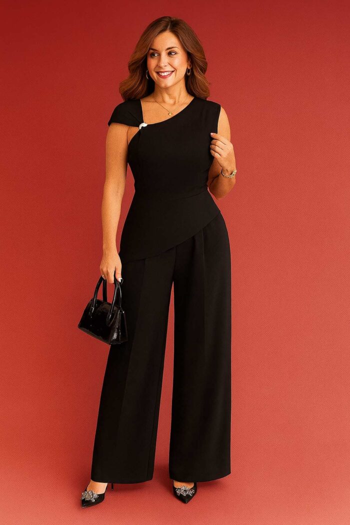 Conjunto 2 piezas top ajustado sin mangas y pantalones rectos sueltos, Negro - Imagen 1