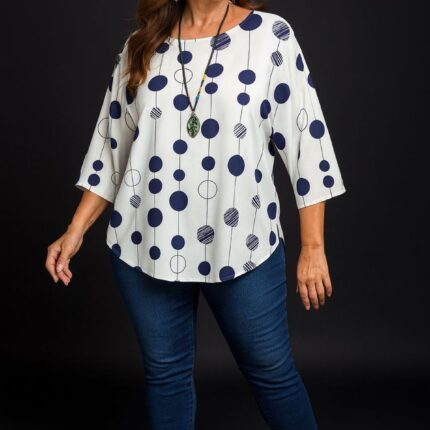 Camisa casual de lunares con ajuste holgado, cuello redondo y manga 3-4 Azul