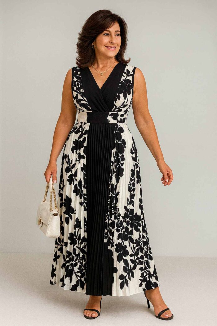 Vestido midi cuello en V sin mangas con bloqueo de color Multicolor - Imagen 1