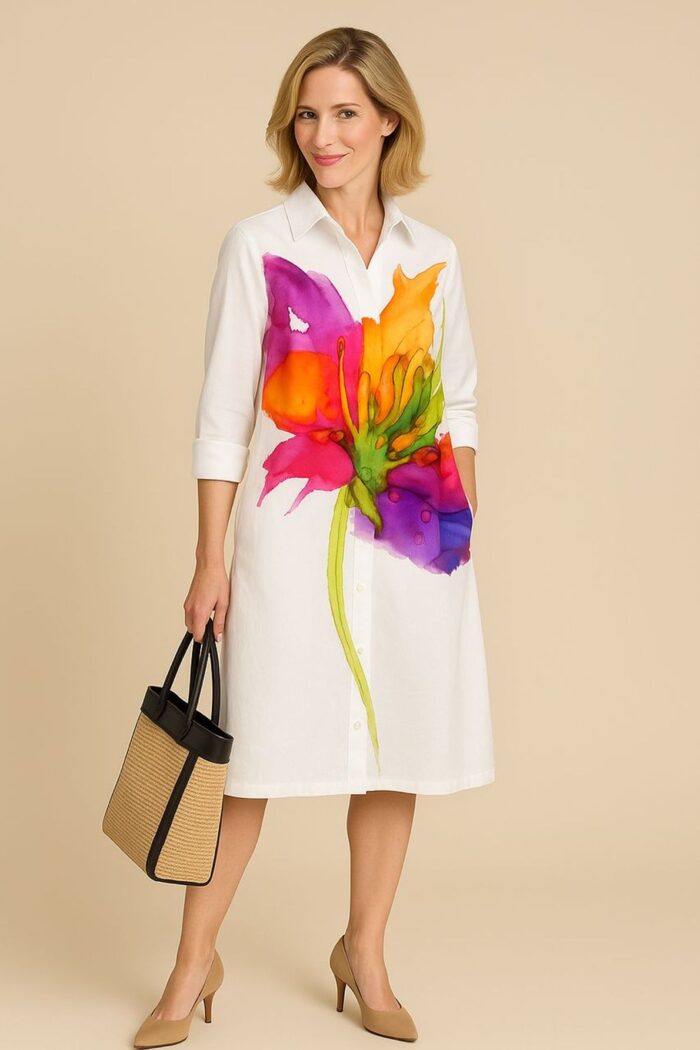 Vestido blanco camisero con estampado de flores multicolor - Imagen 1