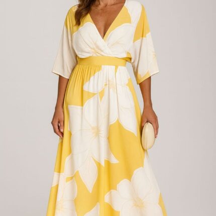 Vestido largo amarillo estampado cuello V