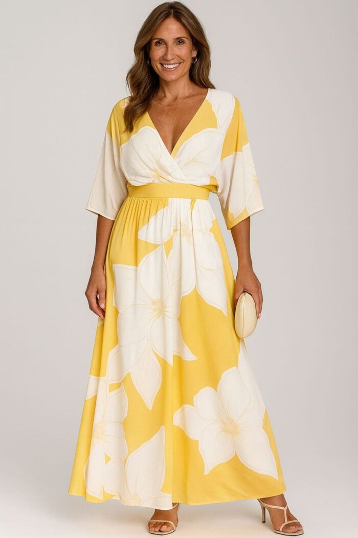 Vestido largo amarillo estampado cuello V - Imagen 1
