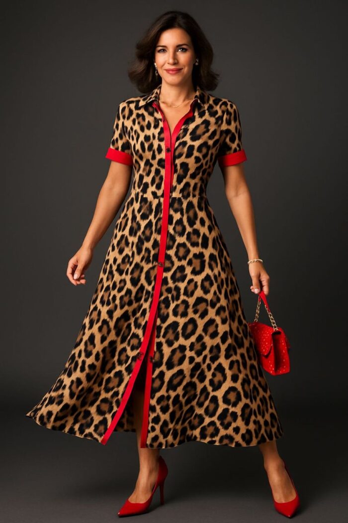 Vestido largo camisero animal print con detalles rojos - Imagen 1