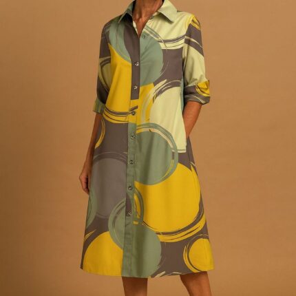 Vestido camisero estampado amarillo verde y gris