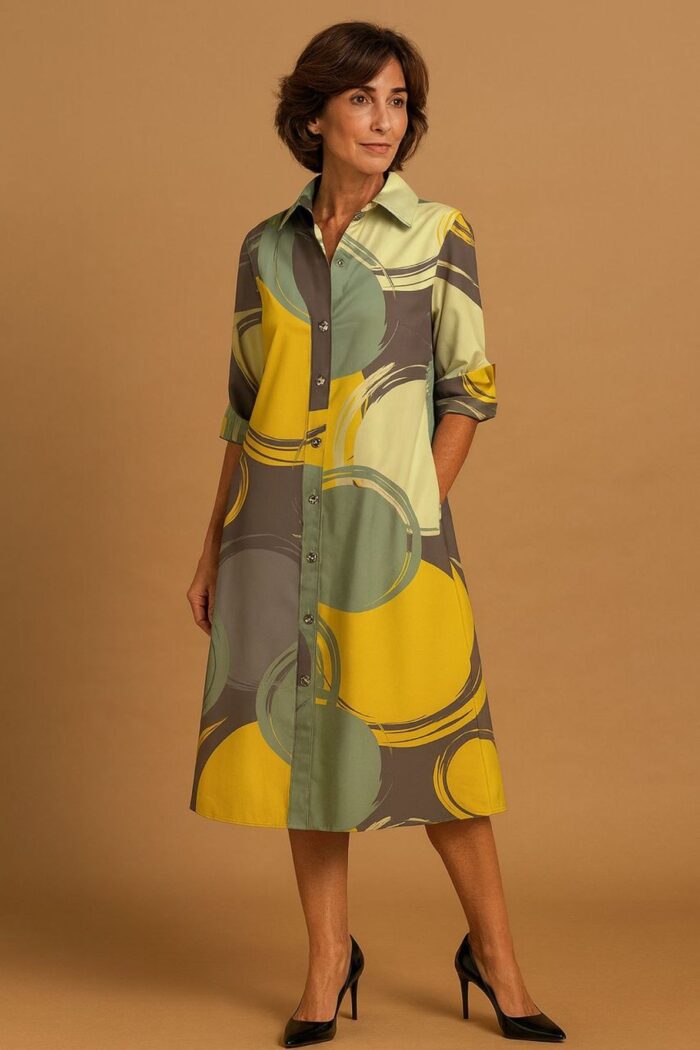 Vestido camisero estampado amarillo verde y gris - Imagen 1