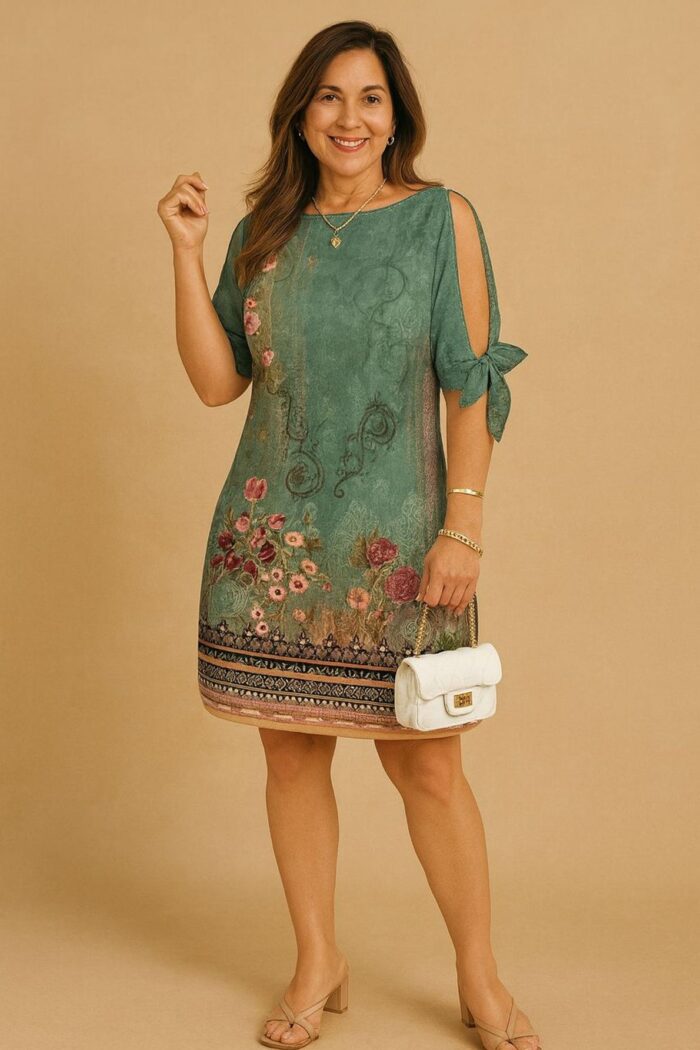 Vestido verde a media pierna estampado con hombros descubiertos - Imagen 1