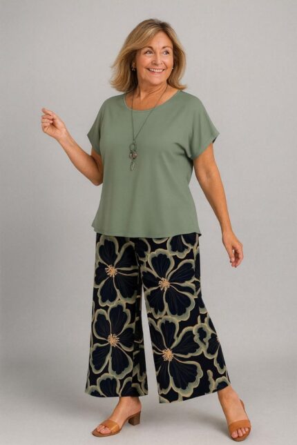 Conjunto pantalon estampado plantas y blusa manga murciélago cuello redondo. Multicolor