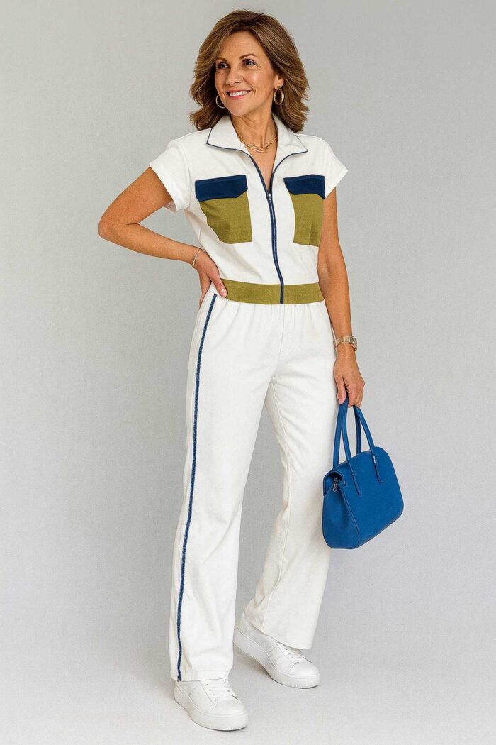 Conjunto 2 piezas top y pantalones diseño de color de contraste y patchwork Albaricoque - Imagen 1