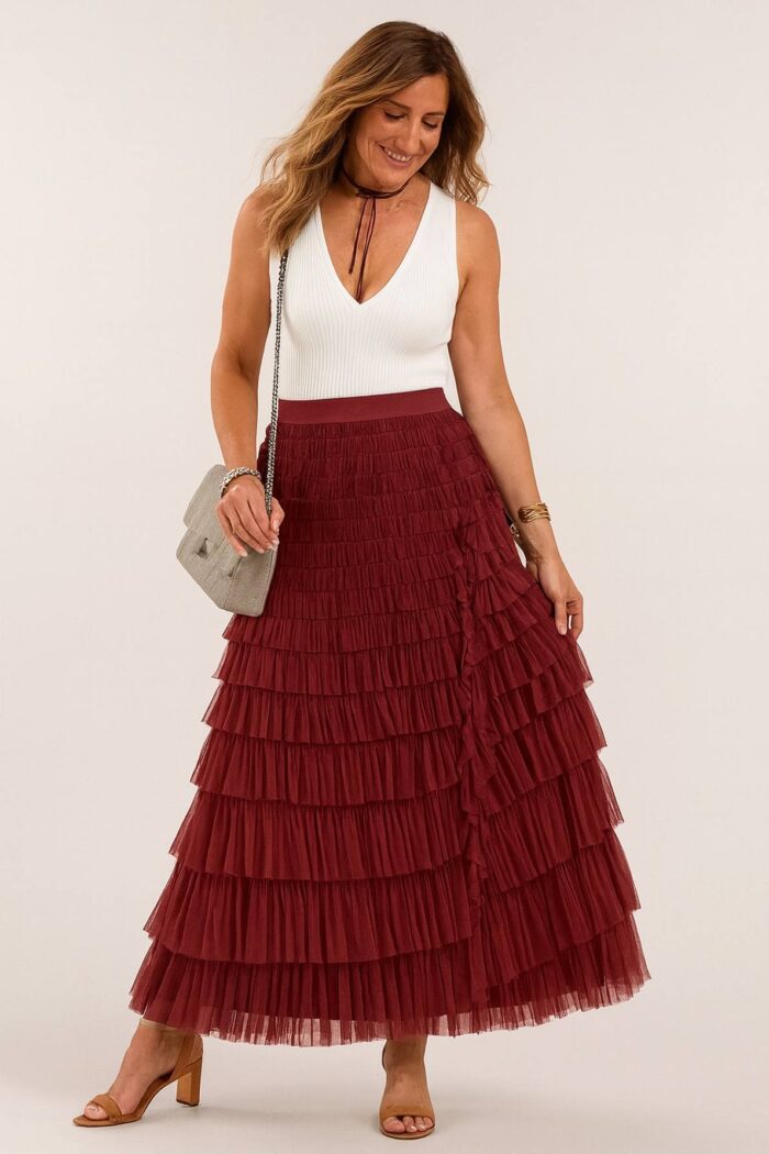 Falda larga vinotinto con capas - Imagen 1