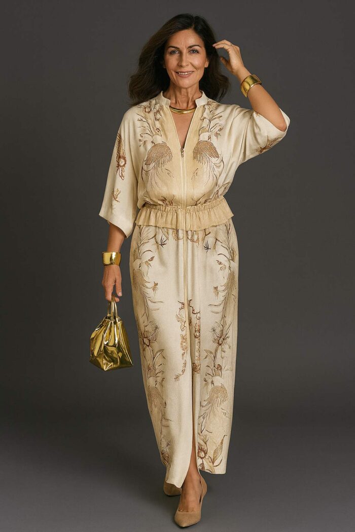 Conjunto de blusa con cierre y pantalones estampado floral beis y cordon en cintura - Imagen 1