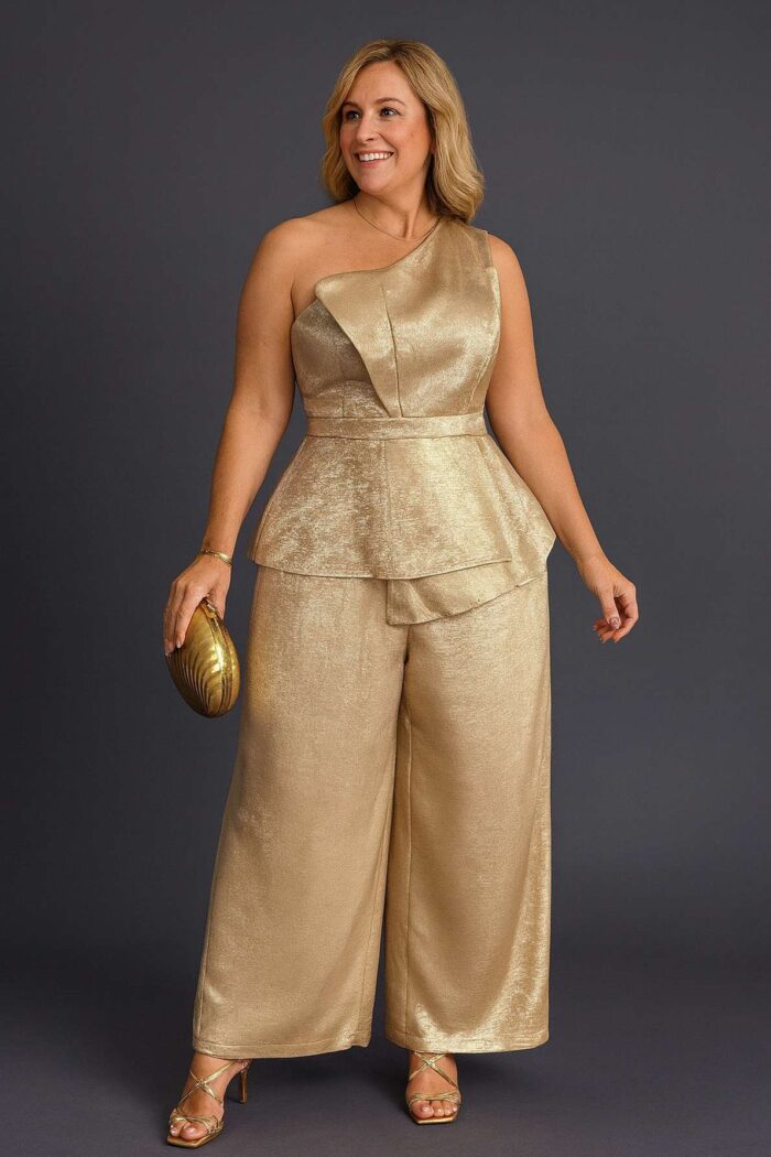 Conjunto Top corto sin mangas lámina de oro y pantalón pierna ancha Dorado - Imagen 1