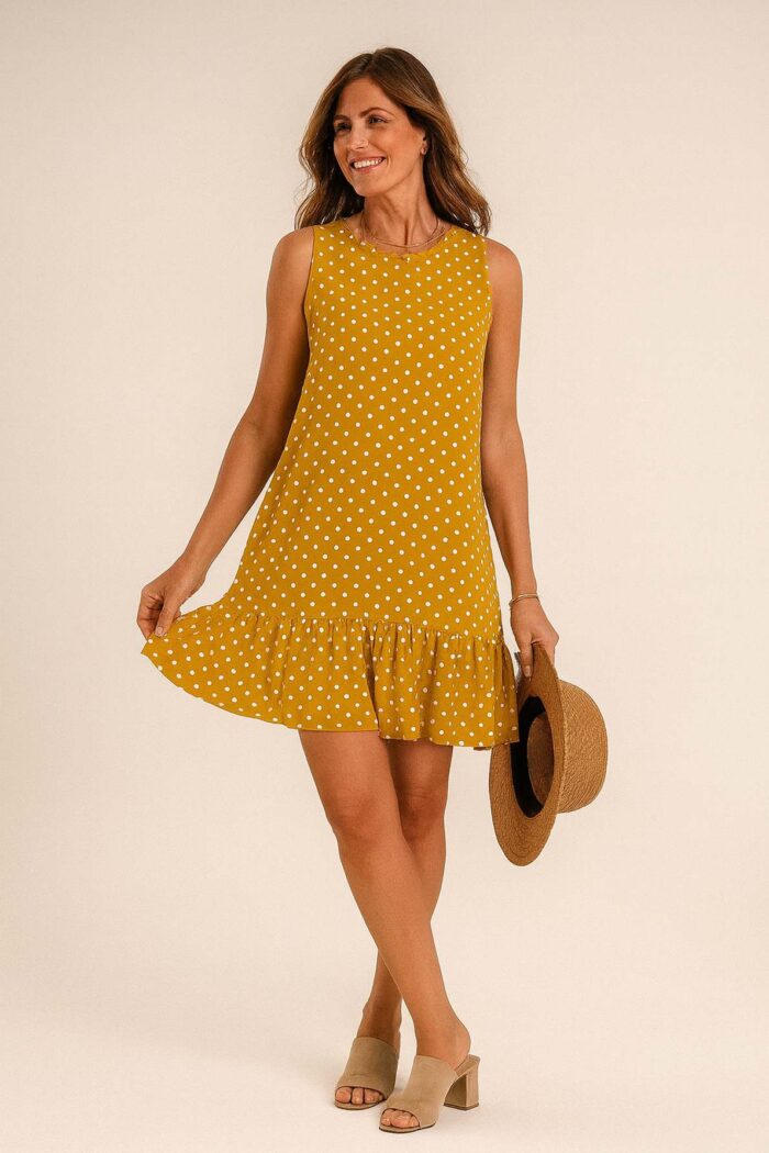 Vestido mostaza de lunares sin mangas - Imagen 1