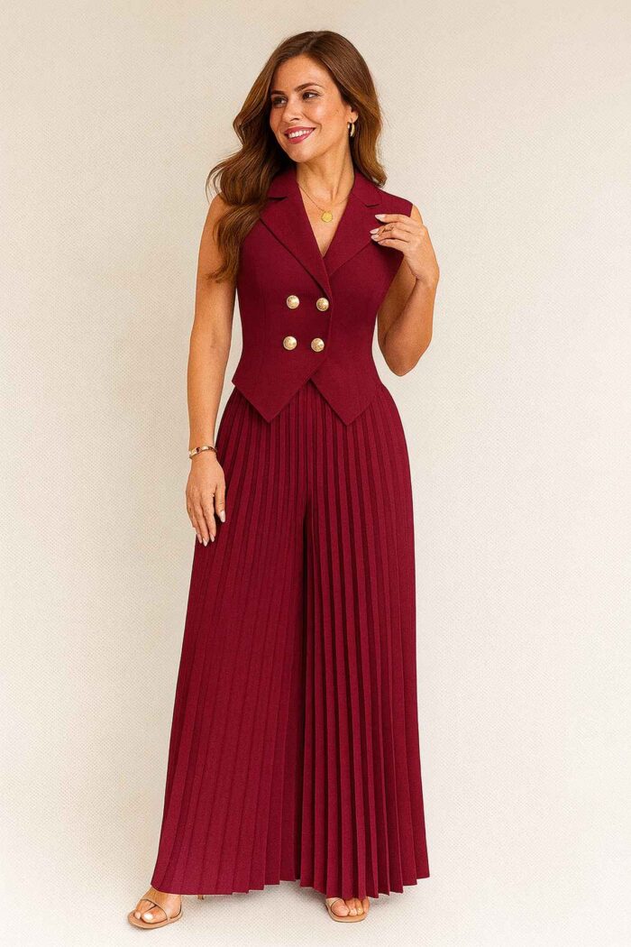 Traje elegante unicolor top sin mangas con botones frontales y pantalones, vino tinto - Imagen 1