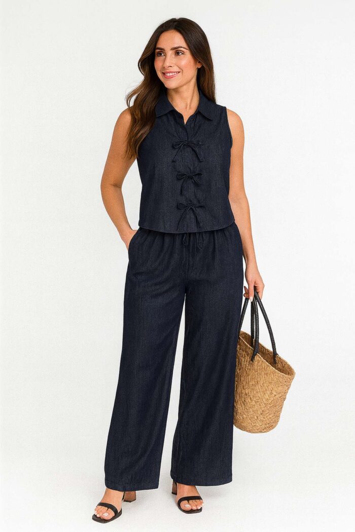 Conjunto Chaqueta vaquera corta sin mangas + Pantalones anchos y sueltos, Azul lavado oscuro - Imagen 1