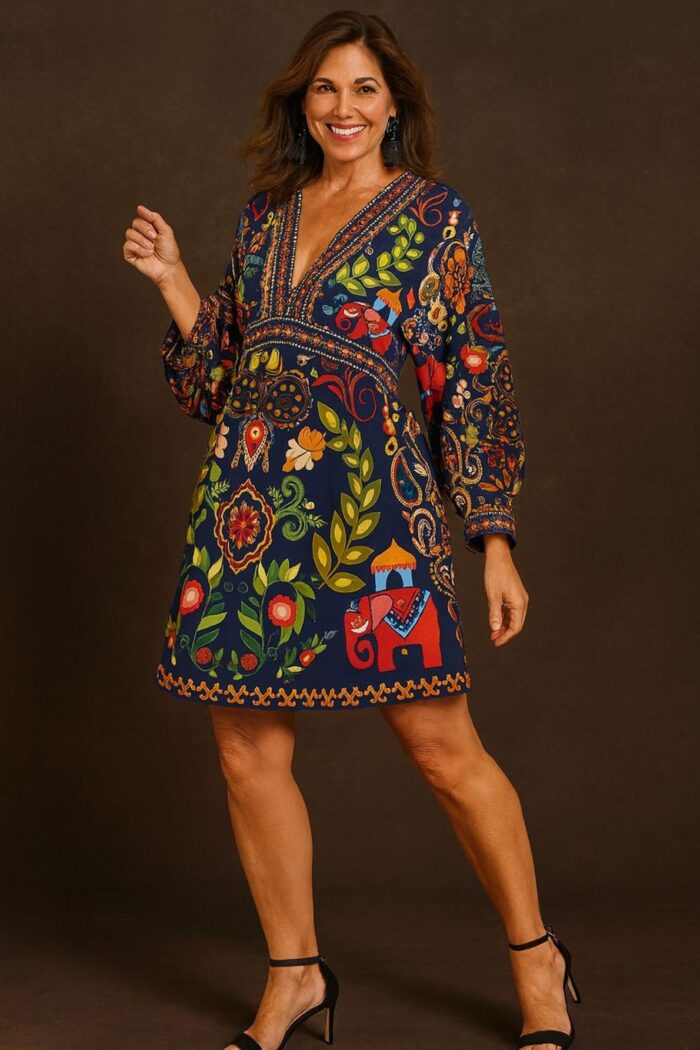 Midi Vestido bohemio oscuro cuello V estampado - Imagen 1