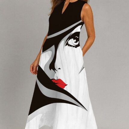 Maxi vestido con estampado de rostro en blanco y negro
