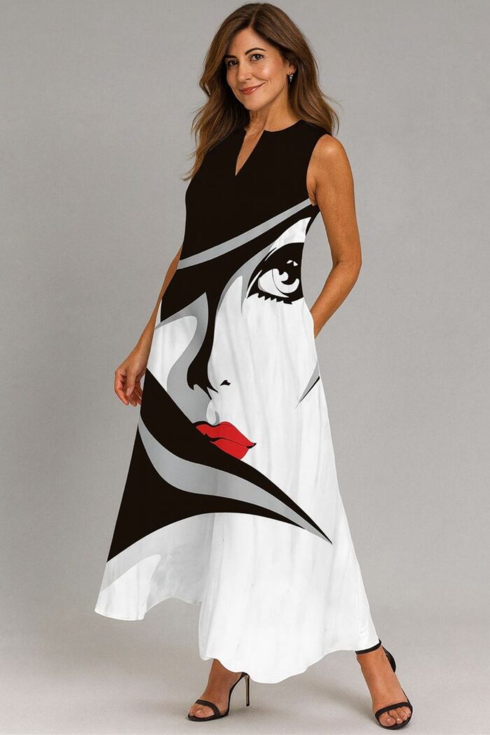 Maxi vestido con estampado de rostro en blanco y negro - Imagen 1