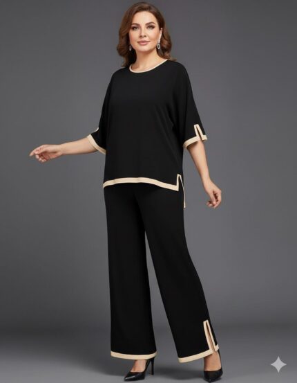 Conjunto negro tejido con bordes beis