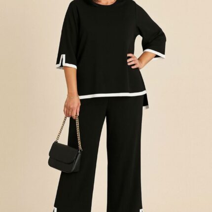 Conjunto negro tejido con bordes beis