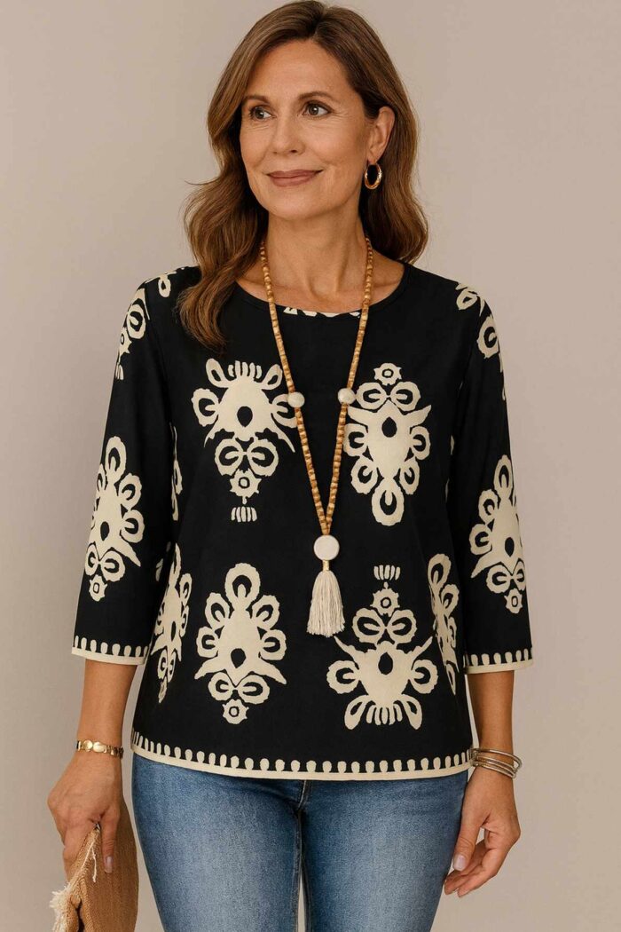 Blusa negra manga 3/4 con formas beis - Imagen 1