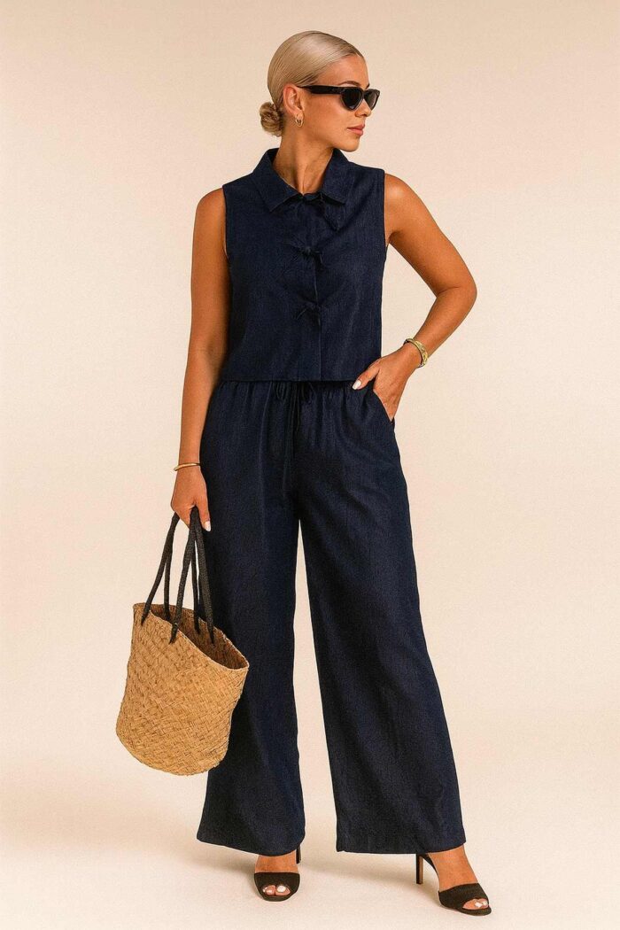 Conjunto de mezclilla azul oscuro con lazos - Imagen 1