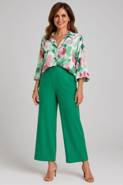 Conjunto de pantalon ancho verde y blusa estampada