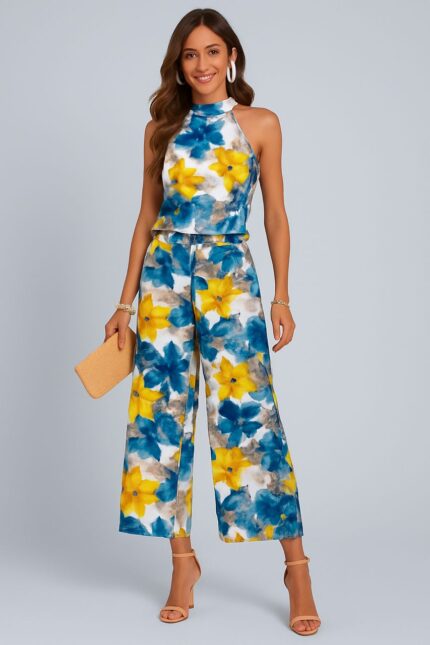 Conjunto pantalón sin mangas con estampado floral azul y amarillo