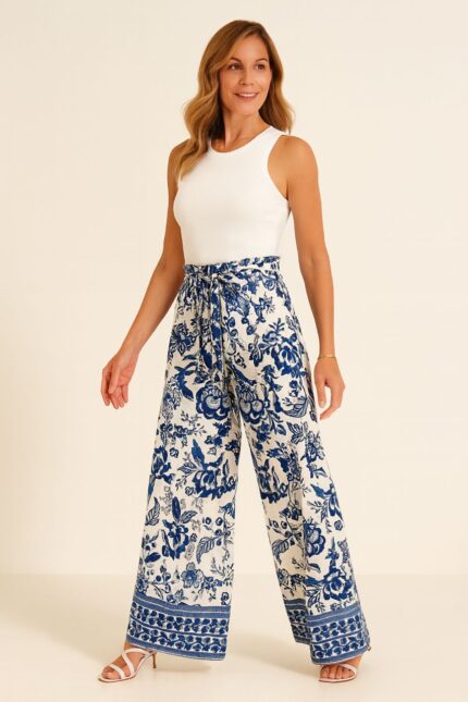 Pantalones anchos estampado floral azul sobre blanco