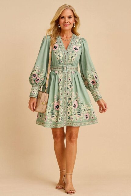 Vestido verde de Manga Larga con Estampado Floral y Cinturón, escote en V