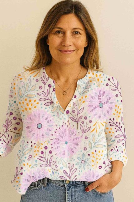 Camisa de manga larga de tela tipo lino con impresión floral lila