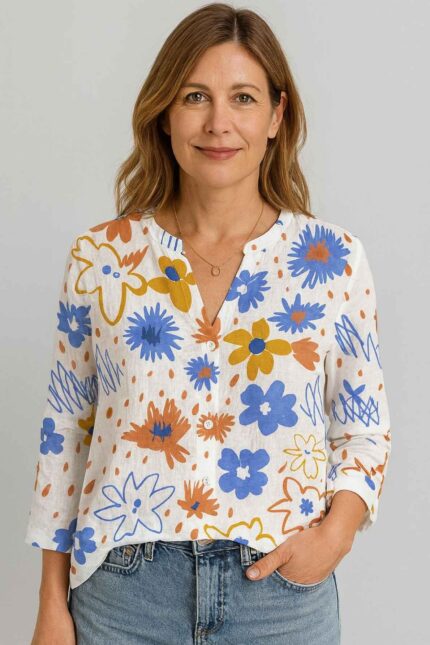 Camisa de manga larga de tela tipo lino con impresión floral multicolor