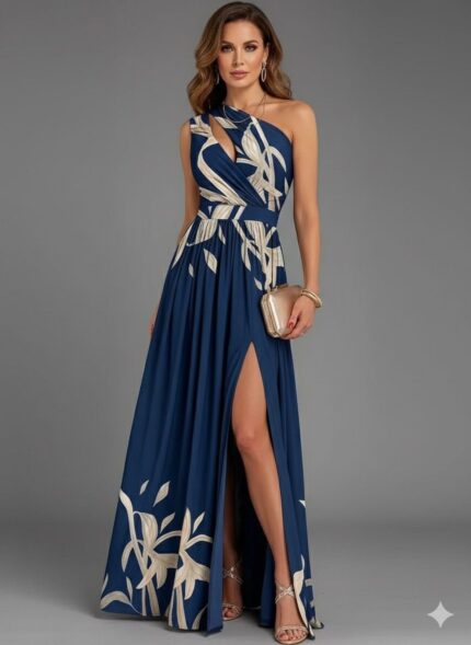 Vestido azul con estampado y un hombro descubierto