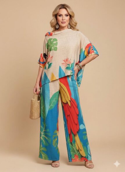 Conjunto de pantalón y blusa estampado multicolor estilo oversize