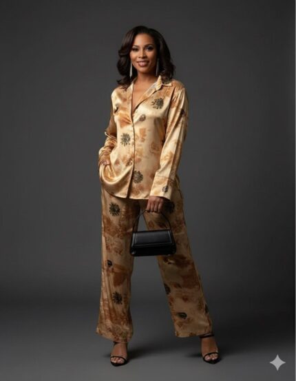 Conjunto estampado satinado de camisa abotonada colores ocre