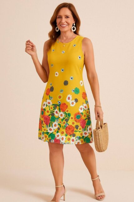 Vestido Sin Mangas Estampado de Flores Amarillo