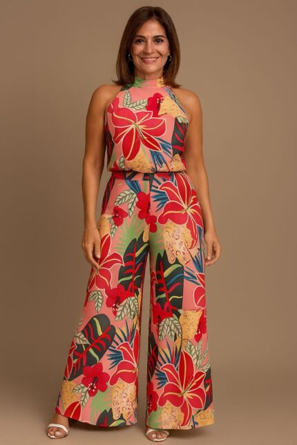 Conjunto blusa sin mangas y pantalon todo estampado full floral fucsia