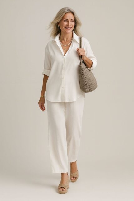 Conjunto beis unicolor camisa manga larga y pantalon